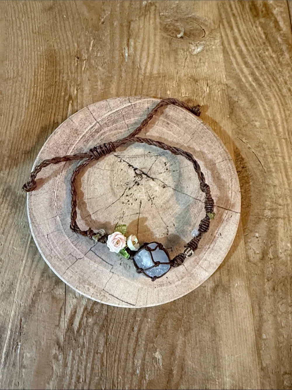 Brown Hemp Bracelet with Green Bead and Pink Rose Accent